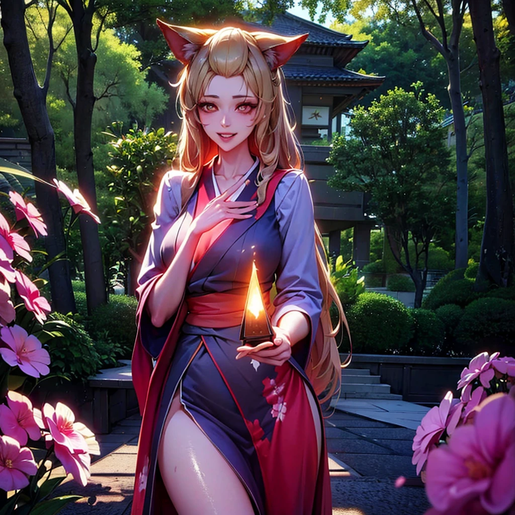 29 years old beautiful european woman with red kimono,9 tails kitsune,ash blossom,smiling,long flowing hair,detailed facial features,intricate kimono,lush nature background,glowing ethereal aura,vibrant colors,cinematic lighting,award winning digital art,concept art,highly detailed,photorealistic,8k,masterpiece