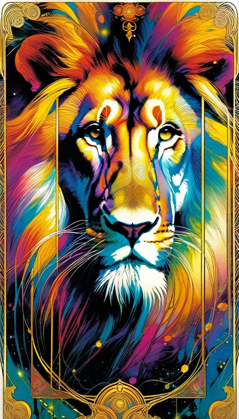 ((tarot card)) STHRENG ((card frame)),GIRL AND LION,  artwork by Bill Sienkiewicz, vivid colors, intricate details, oil.
