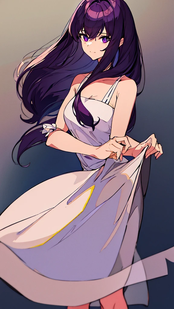  with medium dark purple hair, wearing a white dress