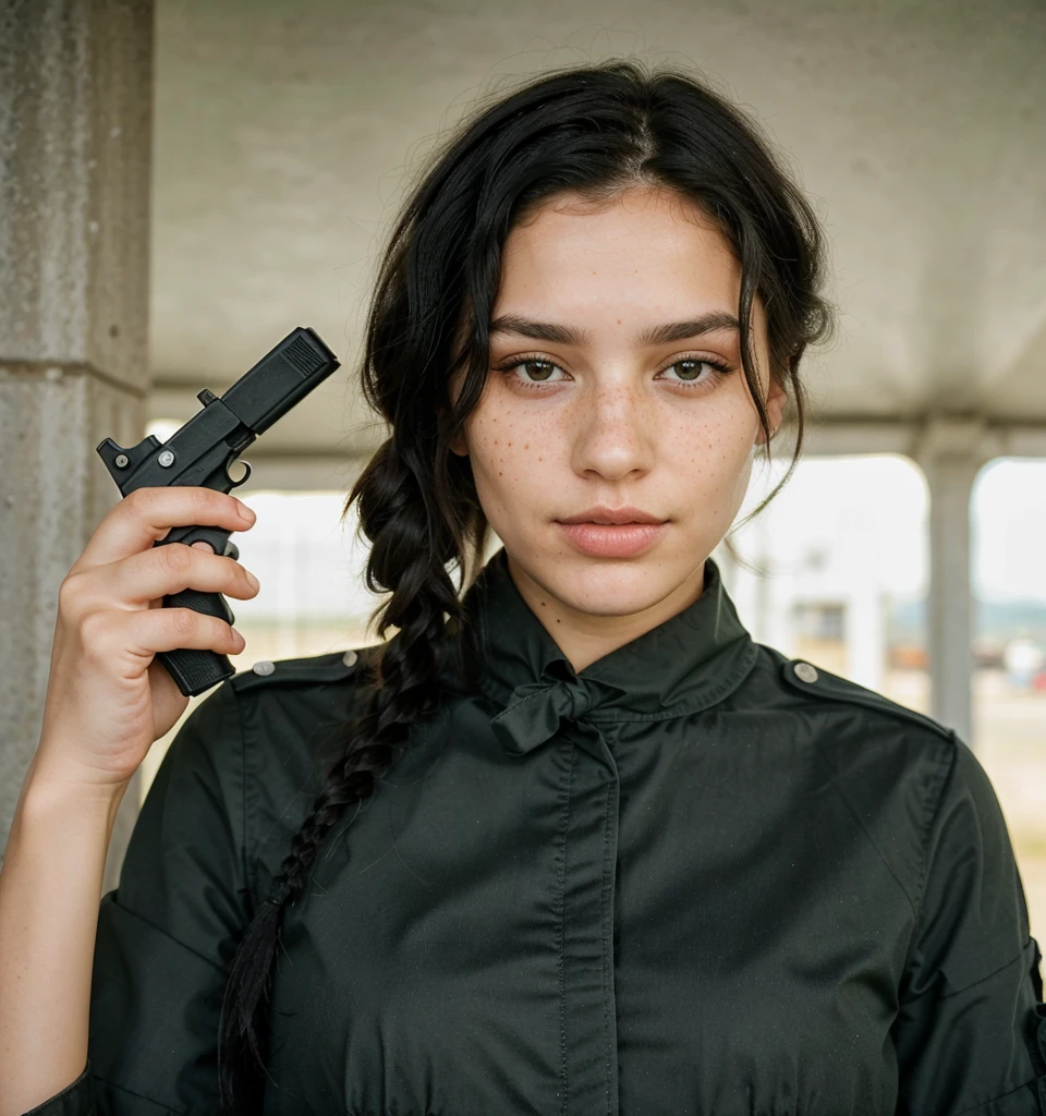 A very beautiful woman with wavy and tied black hair, com olhos verdes claros, freckles and two lines on one eyebrow, she's serious, waving a gun, she wears a soldier's outfit