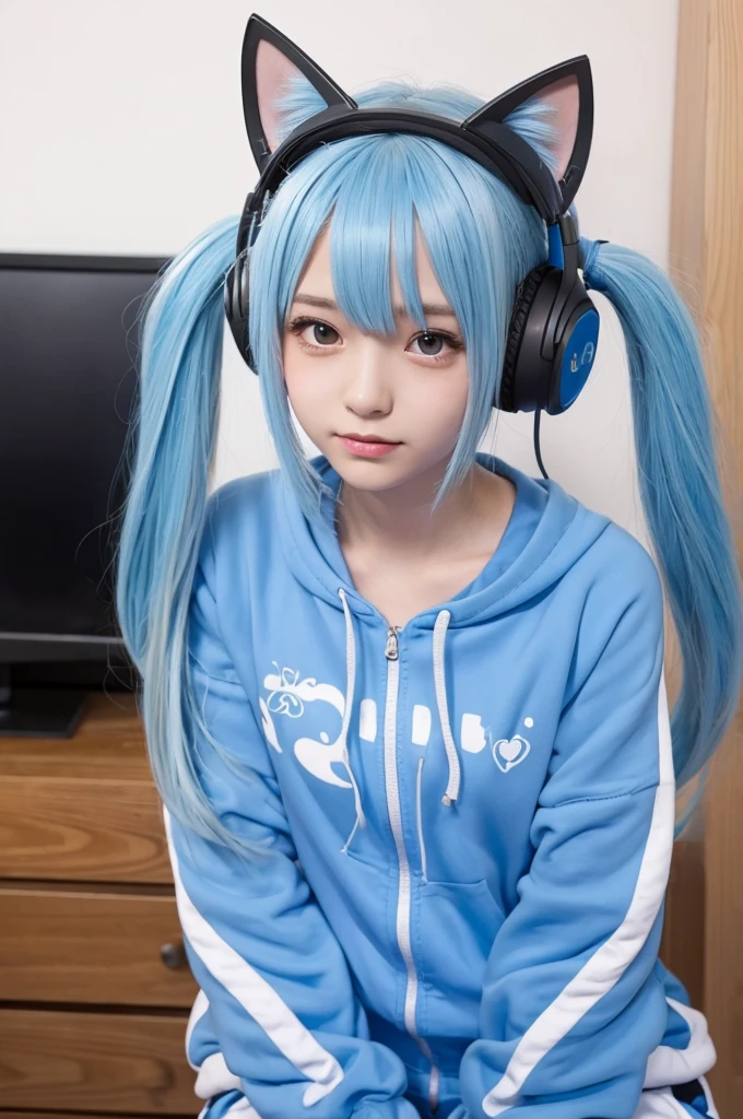 A cute girl with light blue hair in twin tails, wearing a tracksuit, cat ears and headphones who seems to like video games. Draw her whole body so that you can see it.