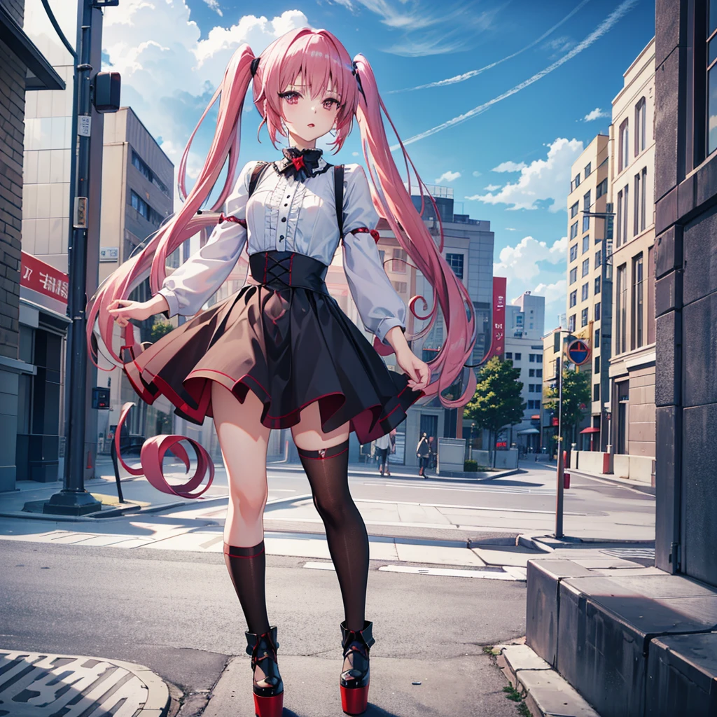 masterpiece, best quality, highres, aanana, long hair, twintails, looking at viewer, outdoors, street, building, red eyes,parted lips, Gothic ouftit, platform gothic high heel