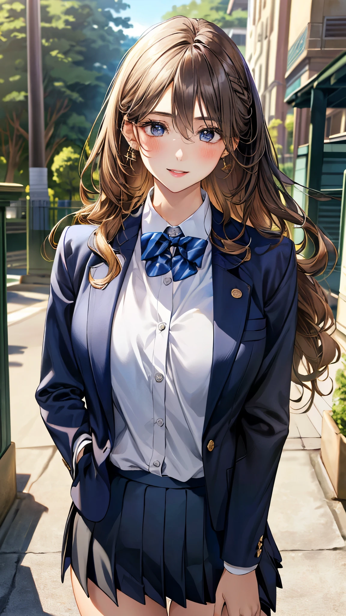 (masterpiece:1.3, top-quality, ultra high res, ultra detailed), (realistic, photorealistic:1.4), beautiful illustration, perfect lighting, natural lighting, colorful, depth of fields, ,
beautiful detailed hair, beautiful detailed face, beautiful detailed eyes, beautiful clavicle, beautiful body, beautiful chest, beautiful thigh, beautiful legs, beautiful fingers, shiny skin,
looking at viewer, 1 girl, high school girl, (perfect anatomy, anatomically correct, super detailed skin), cute and symmetrical face, , perfect face, perfect eyes, ,
(long hair:1.4, wavy hair, half updo, bronze hair), hair between eyes, gold eyes, big eyes, long eye lasher, (medium breasts, seductive thighs), slender, skin dendation,
detailed cloth texture, (navy blazer:1.2, dark grey pleated skirt:1.2), white collared shirt, blue bow tie,
(beautiful scenery), , evening, (school gate:1.2), standing, (lovely smile, upper eyes, parted lips),