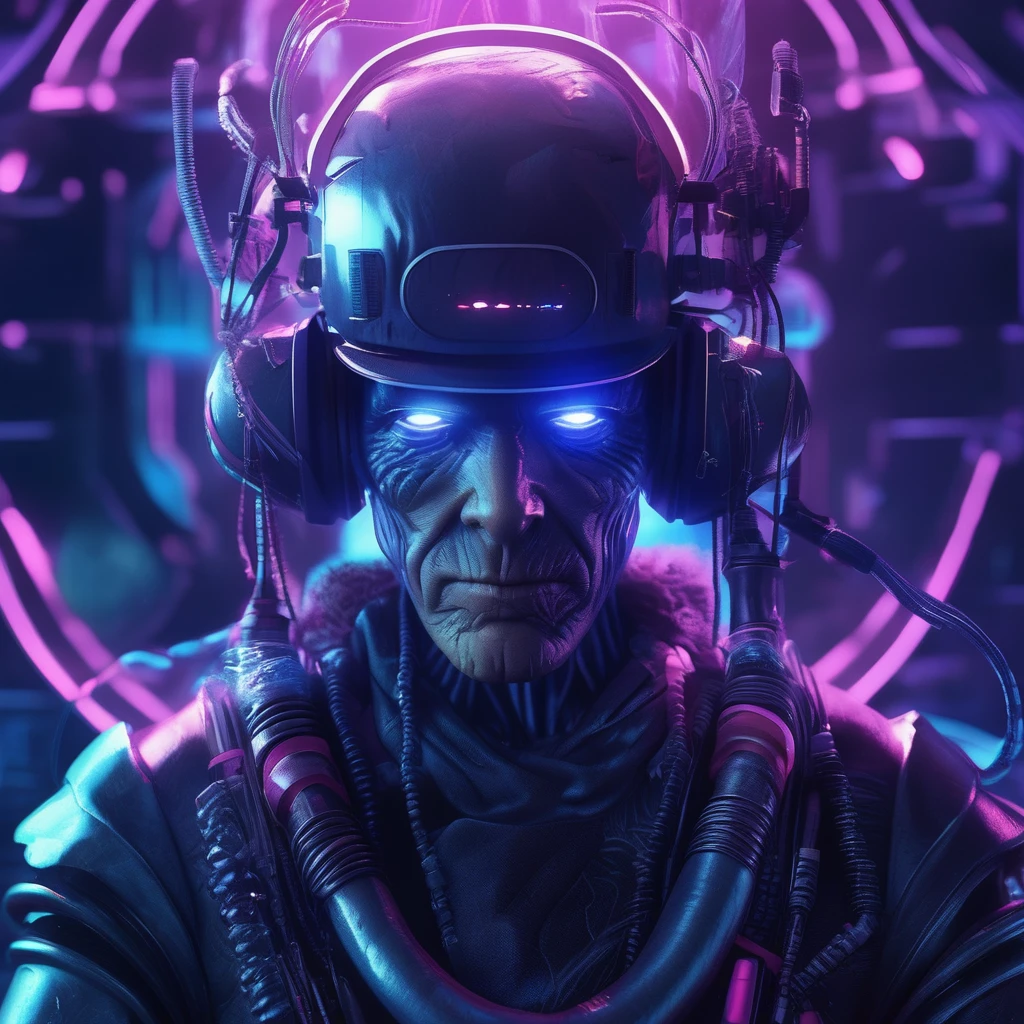 (masterpiece , best_quality:1.5 ),
neonpunk style Portret of an old man with wrinkes like computer cables, lots of furry cables showing instead of hair, in the atmosphere of: the old man and the sea; background with automatons of H.R. Giger with lots of bone china Aliens with indigo glowing eyes, High Fidelity 3D, Photorealism, Anime, hyperrealism . cyberpunk, vaporwave, neon, vibes, vibrant, stunningly beautiful, crisp, detailed, sleek, ultramodern, magenta highlights, dark purple shadows, high contrast, cinematic, ultra detailed, intricate, professional