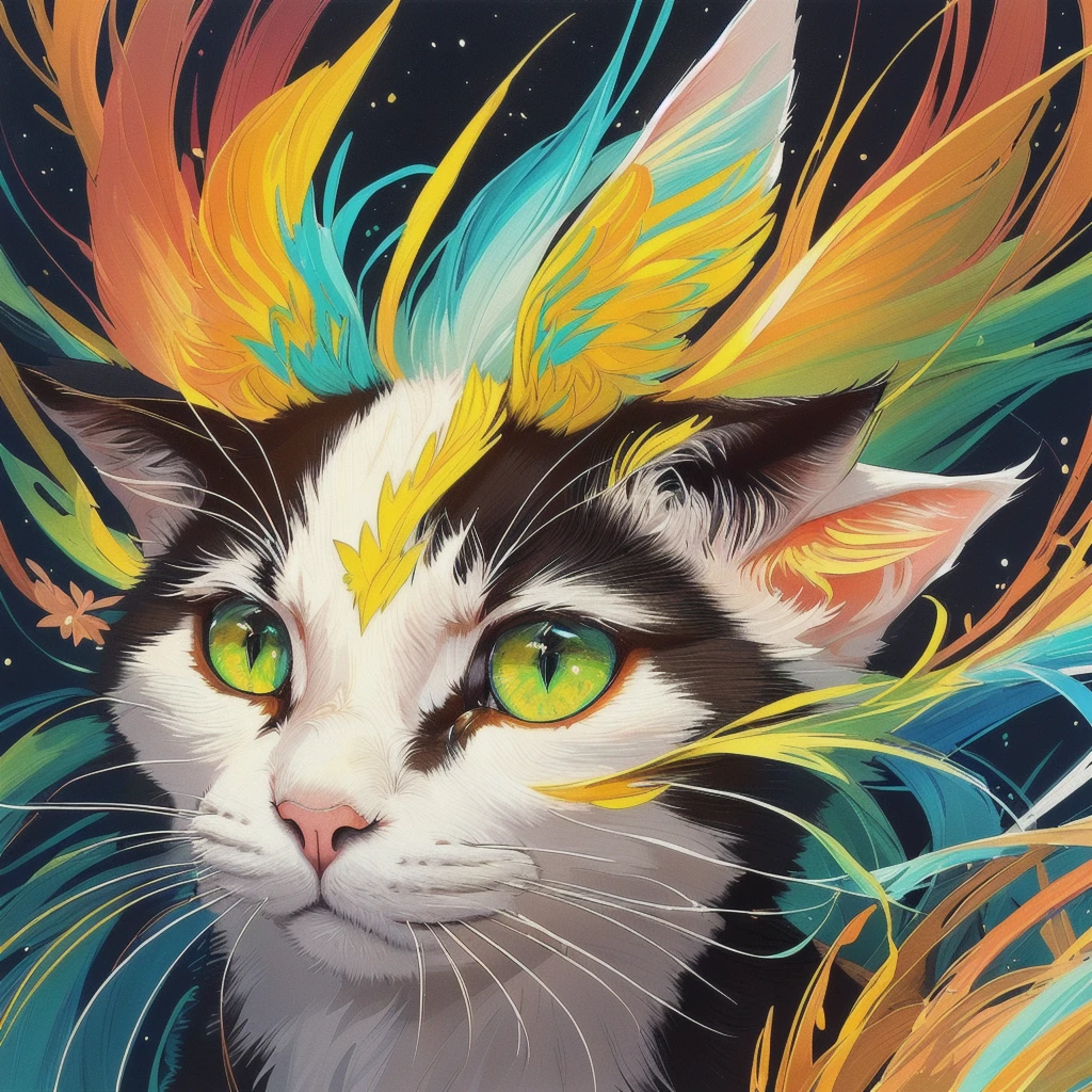 Trick Art、brightly colored Cat with green eyes and yellow eyes, highly detailed Digital Painting, Cat. Digital Painting, Beautiful digital art,Trick Art、 Beautiful digital artwork, Amazing digital art, Digital Painting highly detailed, Amazing digital art, Colourful and detailed, Beautiful Art UHD 4K, Amazing digital art, Digital Painting masterpiece, Detailed painting 4k, very Beautiful digital art
