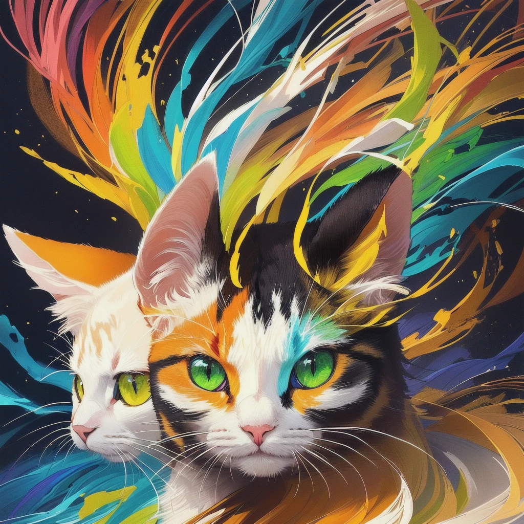 Trick Art、brightly colored Cat with green eyes and yellow eyes, highly detailed Digital Painting, Cat. Digital Painting, Beautiful digital art,Trick Art、 Beautiful digital artwork, Amazing digital art, Digital Painting highly detailed, Amazing digital art, Colourful and detailed, Beautiful Art UHD 4K, Amazing digital art, Digital Painting masterpiece, Detailed painting 4k, very Beautiful digital art
