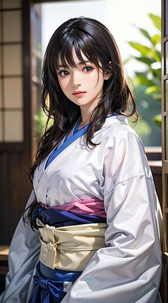 (Realistic)、(Realistic:1.2)、(High resolution)、Very detailed、Very beautiful face and eyes、1 girl、Delicate body、(highest quality、Attention to detail、Rich skin detail)、(highest quality、8k、Oil paint:1.2)、Very detailed、(Realistic、Realistic:1.37)、Bright colors、Full Body Shot,black_hair, Beautiful 8k eyes,Looking_in_Audience,One person in,Are standing,((Very beautiful woman, Fuller lips, Japanese pintern kimono))、((Colorful Japanese kimono)))、(((blackhair)))、(((Blunt bung,long straight hair)))、((( Inside an old Japanese house with a (short focus :1.4),)))、(masterpiece, highest quality, highest quality, Official Art, beautifully、aesthetic:1.2),(Fractal Art:1.3),Sengoku period、Greg Rutkowski Written by Alphonse Mucha Ropp,short ,uchikake,nishijin ori,(realistic light and shadow), (real and delicate background),(muted colors, dim colors, soothing tones:1.3), low saturation, (hyperdetailed:1.2), (noir:0.4),drow,blurry_light_background, (vibrant color:1.2), cinematic lighting, ambient lighting,Single Shot,Shallow Focus,pink lip,blurry light background,
