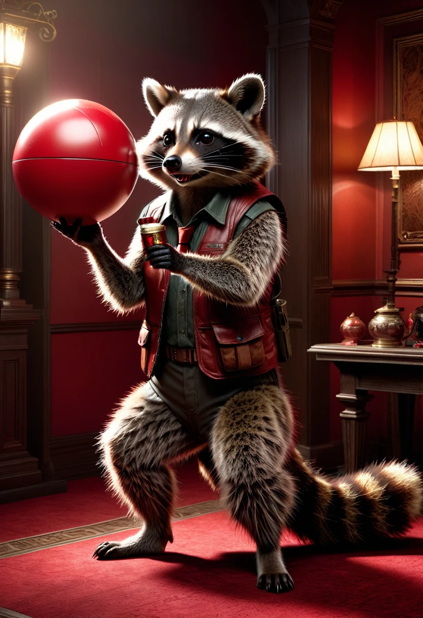 Raccoon with cigar, Standing with his elbow on a large red ball, Resident Evil background, detailed realistic raccoon, detailed photorealistic raccoon, highly detailed, 8k, hyperrealistic, cinematic lighting, dramatic lighting, mood lighting, dark, atmospheric atmosphere, warm colors, vivid colors, intricate details, award-winning photography, stunning visual effects