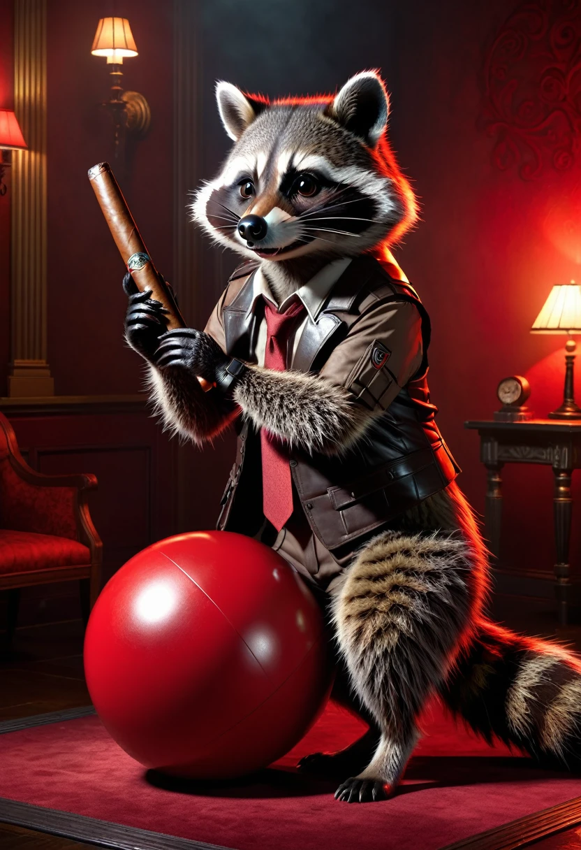 Raccoon with cigar, Standing with his elbow on a large red ball, Resident Evil background, detailed realistic raccoon, detailed photorealistic raccoon, highly detailed, 8k, hyperrealistic, cinematic lighting, dramatic lighting, mood lighting, dark, atmospheric atmosphere, warm colors, vivid colors, intricate details, award-winning photography, stunning visual effects