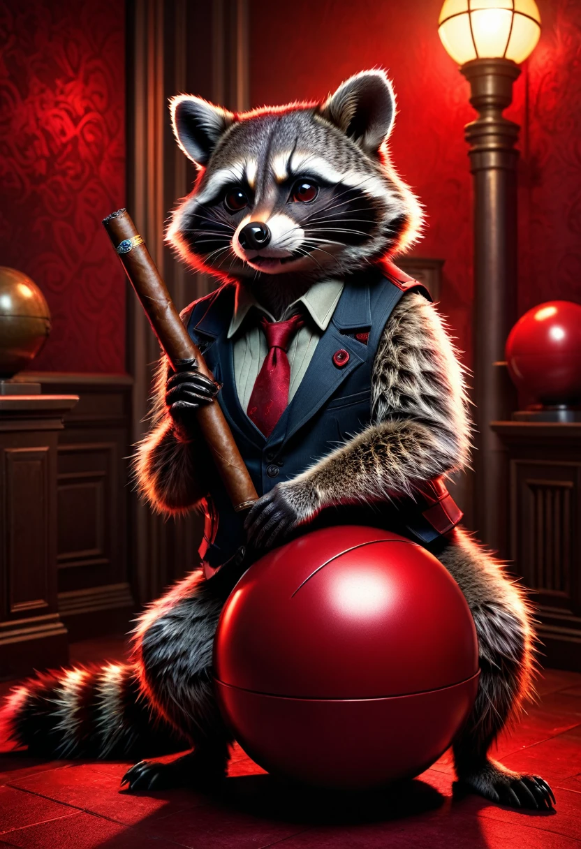 Raccoon with cigar, Standing with his elbow on a large red ball, Resident Evil background, detailed realistic raccoon, detailed photorealistic raccoon, highly detailed, 8k, hyperrealistic, cinematic lighting, dramatic lighting, mood lighting, dark, atmospheric atmosphere, warm colors, vivid colors, intricate details, award-winning photography, stunning visual effects
