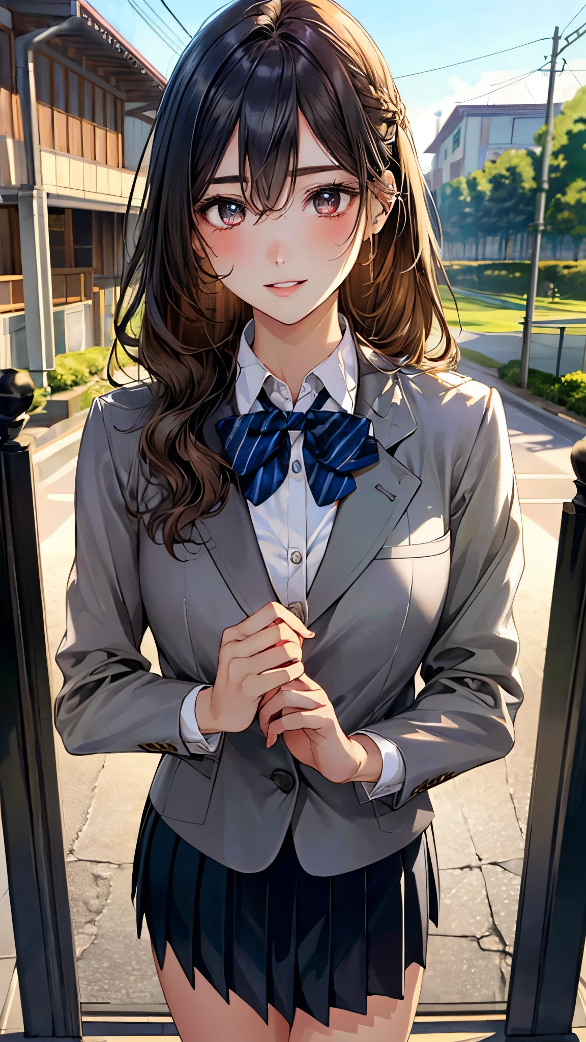 (masterpiece:1.3, top-quality, ultra high res, ultra detailed), (realistic, photorealistic:1.4), beautiful illustration, perfect lighting, natural lighting, colorful, depth of fields, ,
beautiful detailed hair, beautiful detailed face, beautiful detailed eyes, beautiful clavicle, beautiful body, beautiful chest, beautiful thigh, beautiful legs, beautiful fingers, shiny skin,
looking at viewer, 1 girl, high school girl, (perfect anatomy, anatomically correct, super detailed skin), cute and symmetrical face, , perfect face, perfect eyes, ,
(long hair:1.4, wavy hair, half updo, bronze hair), hair between eyes, gold eyes, big eyes, long eye lasher, (medium breasts, seductive thighs), slender, skin dendation,
detailed cloth texture, (navy blazer:1.2, dark grey pleated skirt:1.2), white collared shirt, blue bow tie,
(beautiful scenery), , evening, (school gate:1.2), standing, (lovely smile, upper eyes, parted lips),