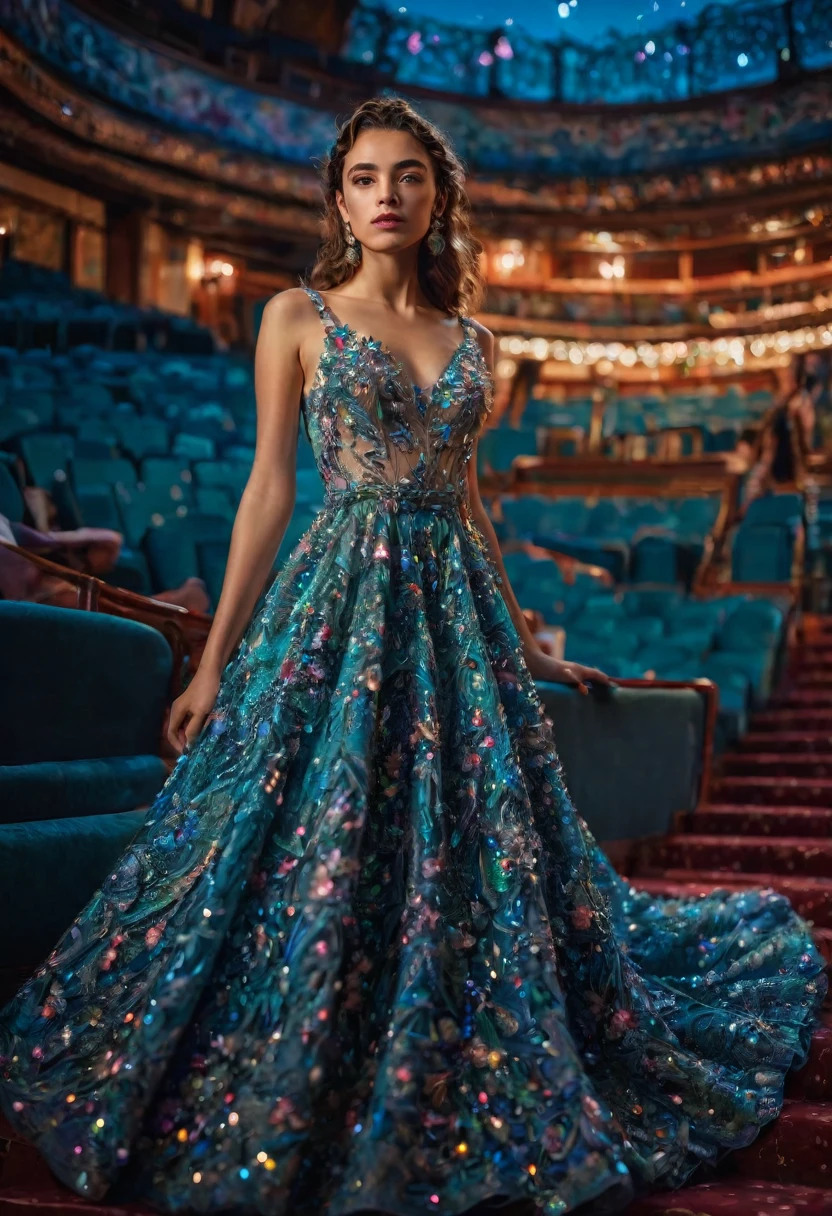 Evening Dress, theater, by Manuel Fernández García and Brandon Woelfel, 35mm photograph, bokeh, best quality, masterpiece, very aesthetic, perfect composition, intricate details, ultra-detailed