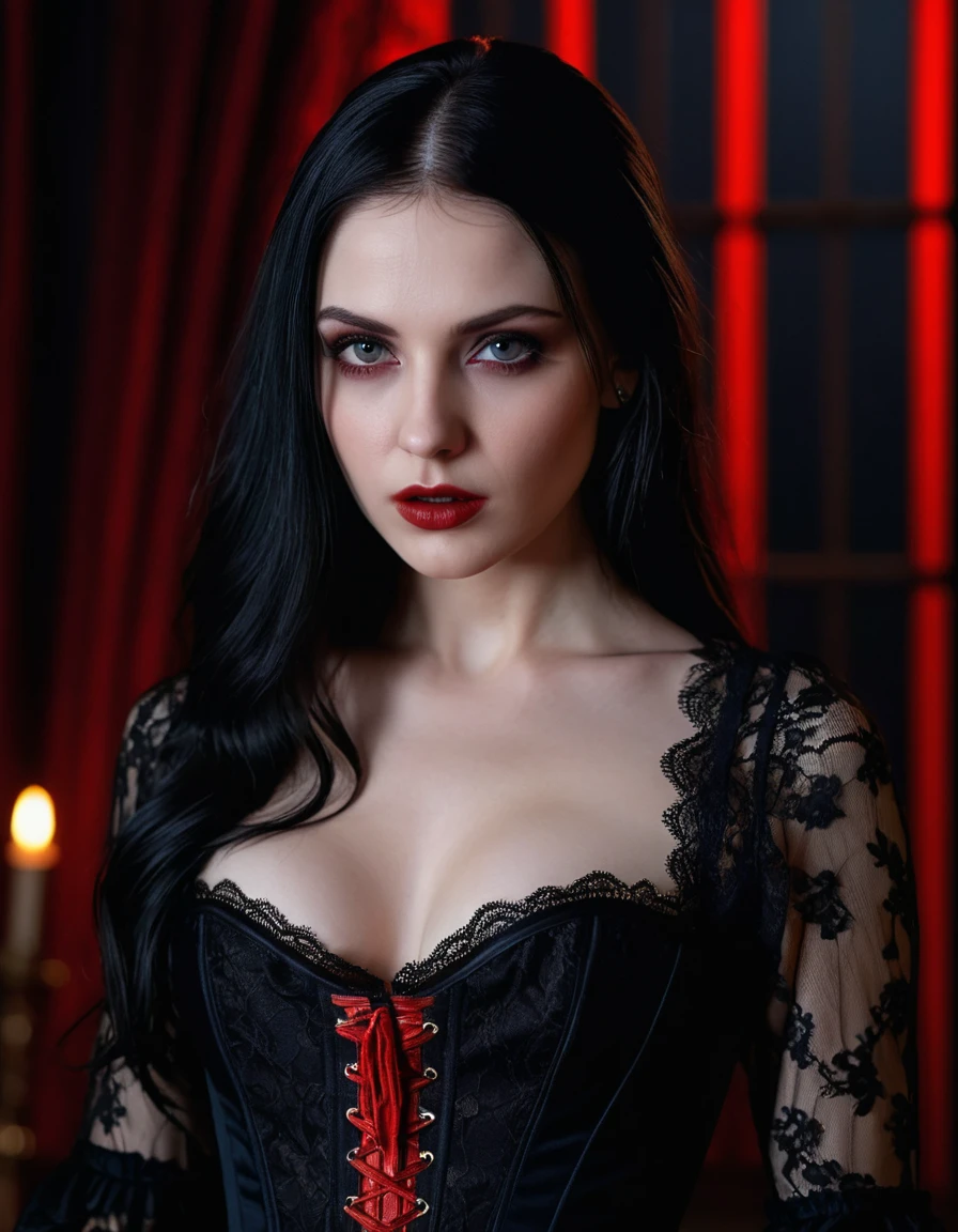 Best Quality, Ultra-High Definition, 8K Resolution, 32K Resolution, Masterpiece, High Detail, Ultra-Detailed, Photorealistic, Hyper-Realistic, Extremely Detailed, High Fidelity, Crisp Details, Sharp Focus, Realistic Textures, Intricate Details, Highly Detailed Eyes, Realistic Skin Texture, a seductive female vampire, slim body, small breasts, pale skin, intense eyes, seductive expression, (erotic atmosphere:1.3), Dark hair, long flowing hair, ( Black scantly clad lace dress:1.2), (red corset:1.1), (torn clothes:0.8), (seductive pose:1.2), (gothic ambient:1.2), (haunting background:1.1), (bright lips:0.9), (sensual lighting:1.3), (long nails:1.1), (erotic tension:1.4).