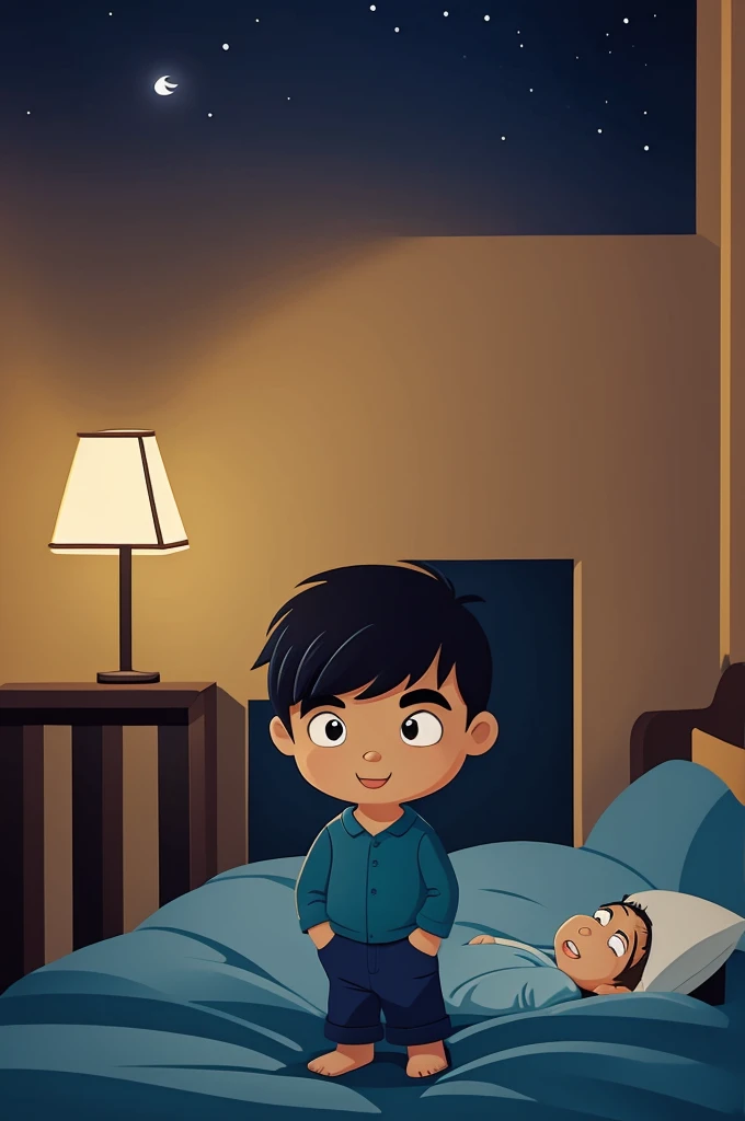 Little boy in bed, fear expressions, night mode, cartoon illustration, parents standing besides him.