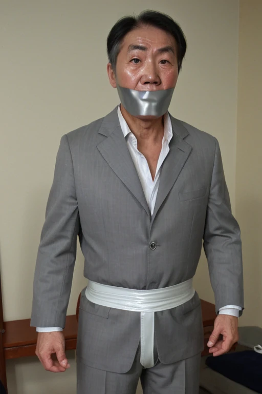 Old asian men, suit, tape gag, tightly bound, 