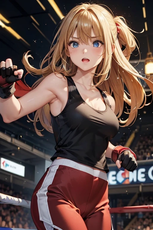 #Basics A girl is posing for a photo, animeのかわいい女の子, (((One Girl, Baby Face, 16 years old))),
BREAK
#Clothing Accessories
(((White on black)Tank Top + (red on black)Sports pants + Wearing a gown + Red open finger gloves:1.5)),
(Silver earrings),
BREAK
#Features
(Blonde:1.4, Chest-length sideburns:1.4 + Curly hair:1.4, Long Hair : Hair blowing in the wind + Very long hair + Curly hairで横に広がるボリュームのある髪 + Outwardly curled hair),
(Droopy eyes,blue eyes), (Small breasts),
BREAK
#expression
(Glaring, Screaming, Angry),
#background environment
((Fighting Arena, The light shines + Martial Arts Rings)), (motion blur on 拳:1.8),
#composition
(Face the viewer:1.4, punching you by her 拳, Dynamic Pose, Dynamic Angle, Cowboy Shot:1.4),
BREAK
#Body parts elements
(Beautiful Hair,Shiny Hair),
(double eyelid, Long eyelashes),
(Expression of fine eyes, Beautiful and delicate eyes, Sparkling eyes, Eye Reflexes),
(Human Ear),
(Beautiful Nose, Thin Nose),
(Glossy lips, Beautiful Lips, Thick lips), (Symmetrical facial features),
(Detailed skin, Textured skin, Beautiful Skin),
BREAK
#Quality
(((Highest quality)), ((masterpiece)), ((Very detailed))), ((High resolution), (16K,1080P)),
(Realistic), (Anatomically correct),
((comics, anime)), (3DCG), CG illustration,