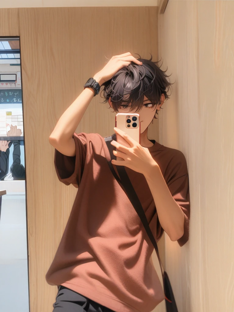 Best quality 18k image super ultra clear photo,one man, black eye, black hair, short hair with bangs, messy hair, Wearing a black shirt and black pants, , Playing on the phone, Standing near the window, classroom, red headphones, concentrated, beautiful hands, Gentle tones