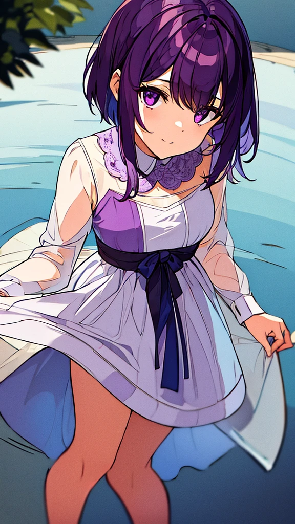 with short purple and dark purple hair, wearing a white dress