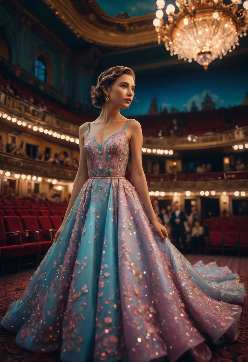 Evening Dress, theater, by Wes Anderson and Brandon Woelfel, 35mm photograph, bokeh, best quality, masterpiece, very aesthetic, perfect composition, intricate details, ultra-detailed