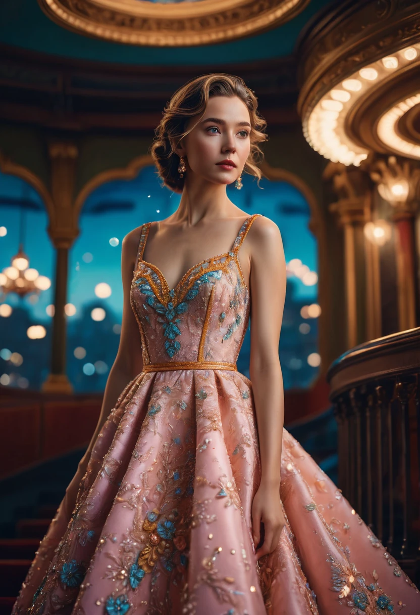 Evening Dress, theater, by Wes Anderson and Brandon Woelfel, 35mm photograph, bokeh, best quality, masterpiece, very aesthetic, perfect composition, intricate details, ultra-detailed