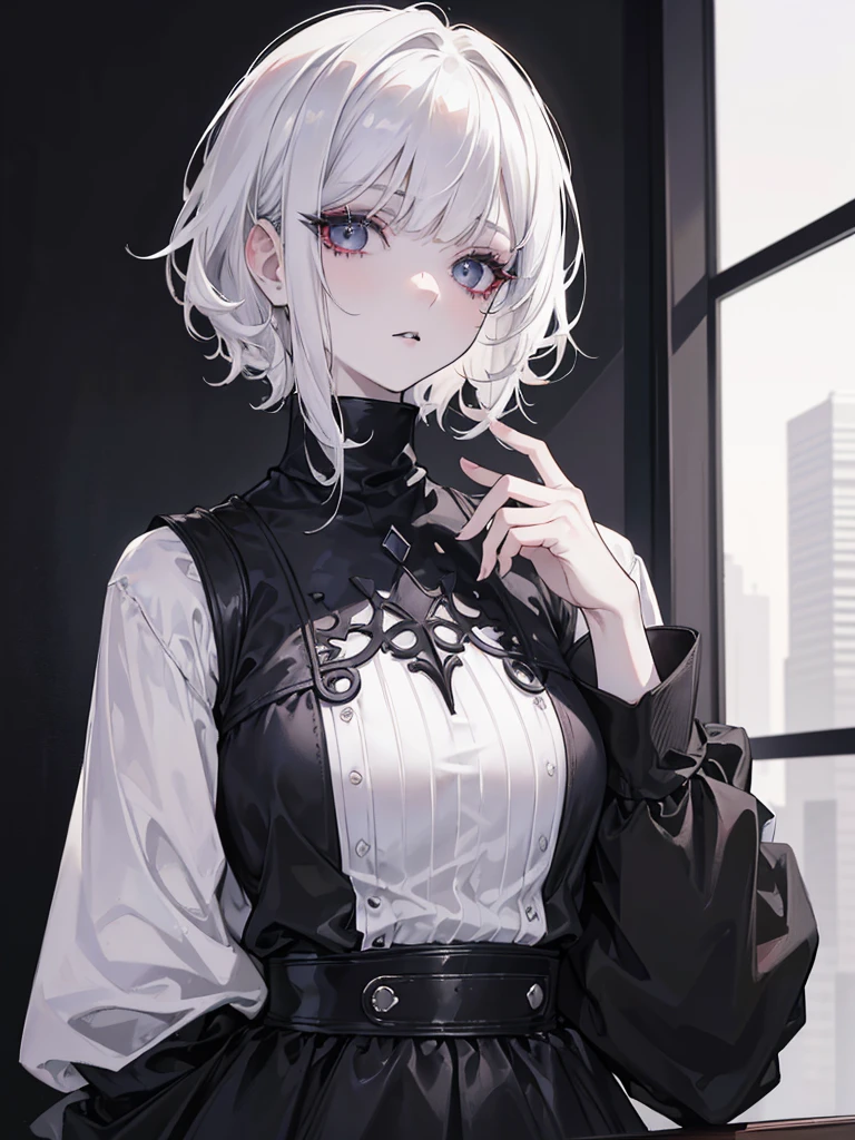 Best quality, masterpiece, super high resolution, (realism: 1.4), white hair, white curly hair, short hair, pale skin, bedhead, wispy bangs, black turtleneck, black lipstick, black long sleeves, indoors, eye shadow, mascara, black clothing, full_body, goth