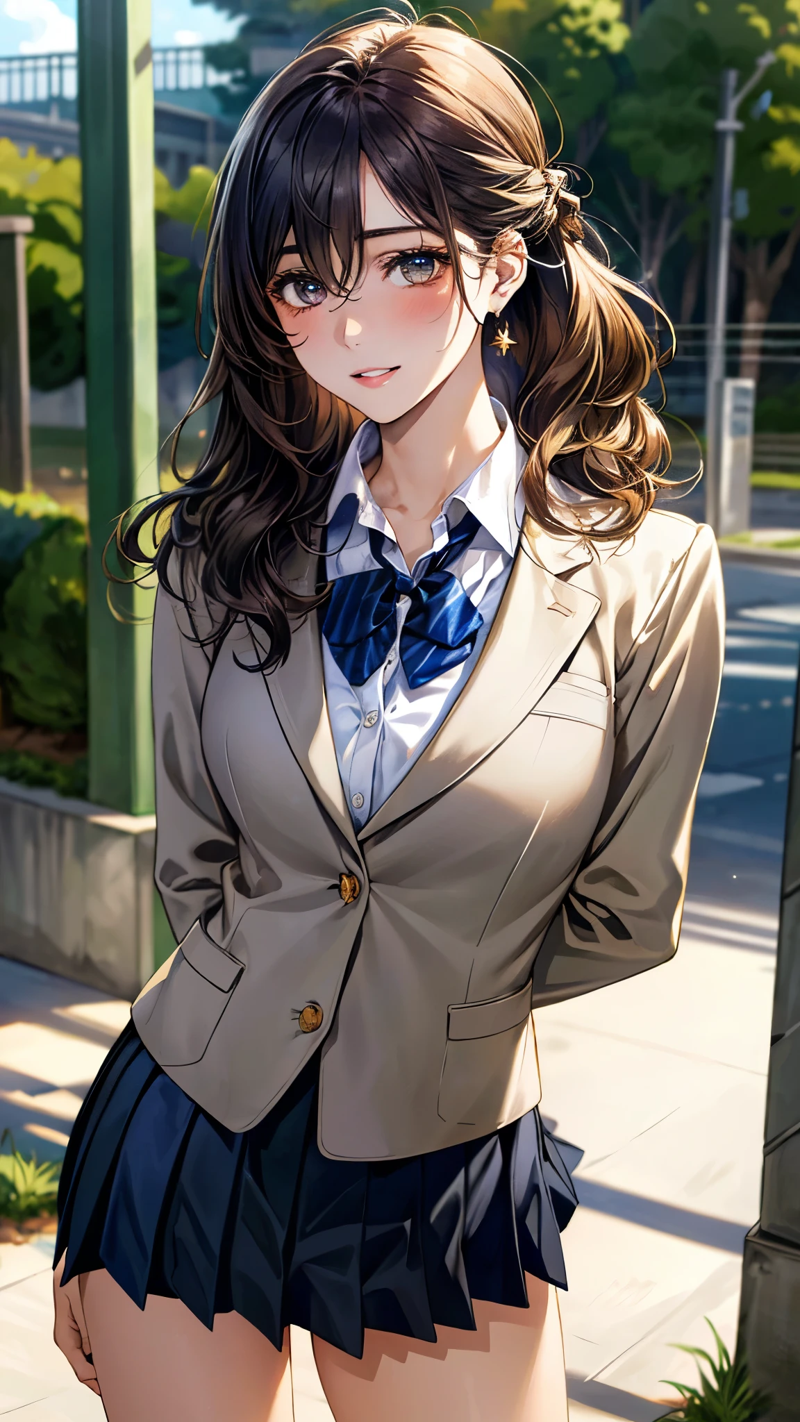 (masterpiece:1.3, top-quality, ultra high res, ultra detailed), (realistic, photorealistic:1.4), beautiful illustration, perfect lighting, natural lighting, colorful, depth of fields, ,
beautiful detailed hair, beautiful detailed face, beautiful detailed eyes, beautiful clavicle, beautiful body, beautiful chest, beautiful thigh, beautiful legs, beautiful fingers, shiny skin,
looking at viewer, 1 girl, high school girl, (perfect anatomy, anatomically correct, super detailed skin), cute and symmetrical face, , perfect face, perfect eyes, ,
(long hair:1.4, wavy hair, half updo, bronze hair), hair between eyes, gold eyes, big eyes, long eye lasher, (medium breasts, seductive thighs), slender, skin dendation,
detailed cloth texture, (navy blazer:1.2, dark grey pleated skirt:1.2), white collared shirt, blue bow tie,
(beautiful scenery), , evening, (school gate:1.2), standing, (lovely smile, upper eyes, parted lips),