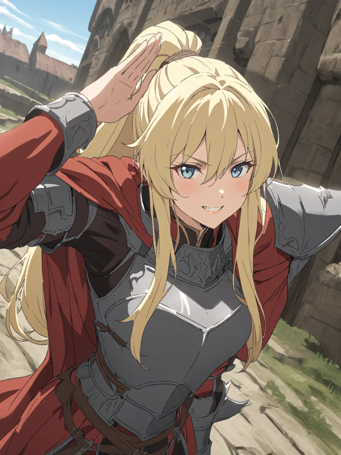 {{upper body, dutch angle}} {{Artist: sincos}} 1girl, blond hair, hair between eyes, light blue eyes, long bangs, long hair, medium breasts, grin, black glasses, iron armor, full armor, shoulder armor, red shoulder cape, red overcoat, ponytail, grey chestplate, long sleeves, salute, mature woman, tall woman, lips, pov, medieval fantasy.