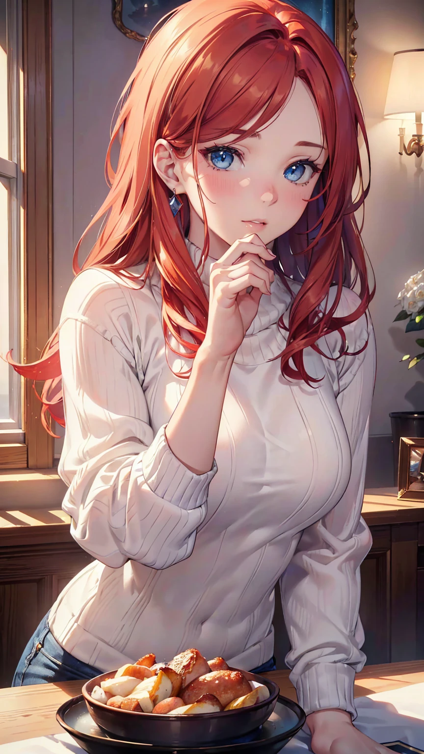 a beautiful redheaded woman with large breasts, blue eyes, wearing a sheer sweater, small chin, exquisite facial features, elegant pose, detailed skin texture, warm lighting, vivid colors, photorealistic, (best quality,4k,8k,highres,masterpiece:1.2),ultra-detailed,(realistic,photorealistic,photo-realistic:1.37)
