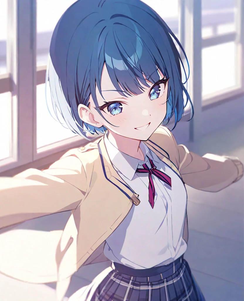 One girl,alone,kiritani haruka,Blue Hair,Blue Eyes,project sekai,Short Hair,cute,cute,smile,uniform,School classroom,Flip up the skirt,Show your pants,
