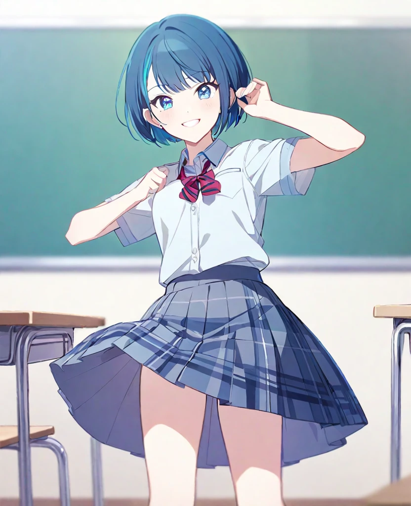 One girl,alone,kiritani haruka,Blue Hair,Blue Eyes,project sekai,Short Hair,cute,cute,smile,uniform,School classroom,Flip up the skirt,Show your pants,