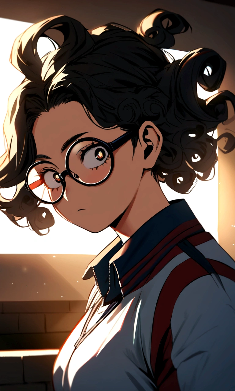 Create an image in the style of the anime boku no hero academia, a young girl with black hair, very long and curly, black almond eyes, oval glasses and the sports uniform of the academy from the anime boku no hero academia
