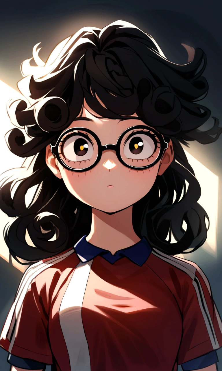 Create an image in the style of the anime boku no hero academia, a young girl with black hair, very long and curly, black almond eyes, oval glasses and the sports uniform of the academy from the anime boku no hero academia