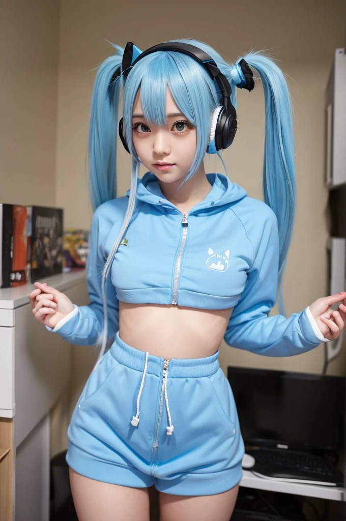 A cute girl with light blue hair in twin tails, wearing a skirted tracksuit underneath, cat ears and headphones, who seems to like video games. Draw her whole body so that it's easy to see.