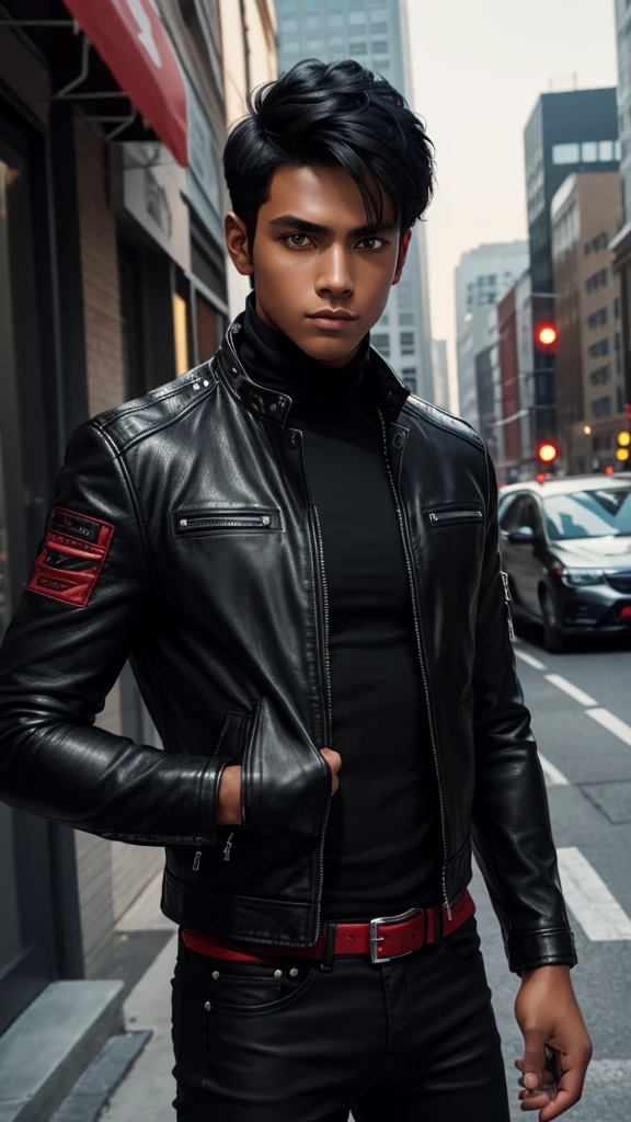1boy, detailed face, detailed eyes, dark-skinned male, black hair, short hair, red eyes, black jacket, leather jacket, black turtleneck, black jeans, muscular male, outdoors, city