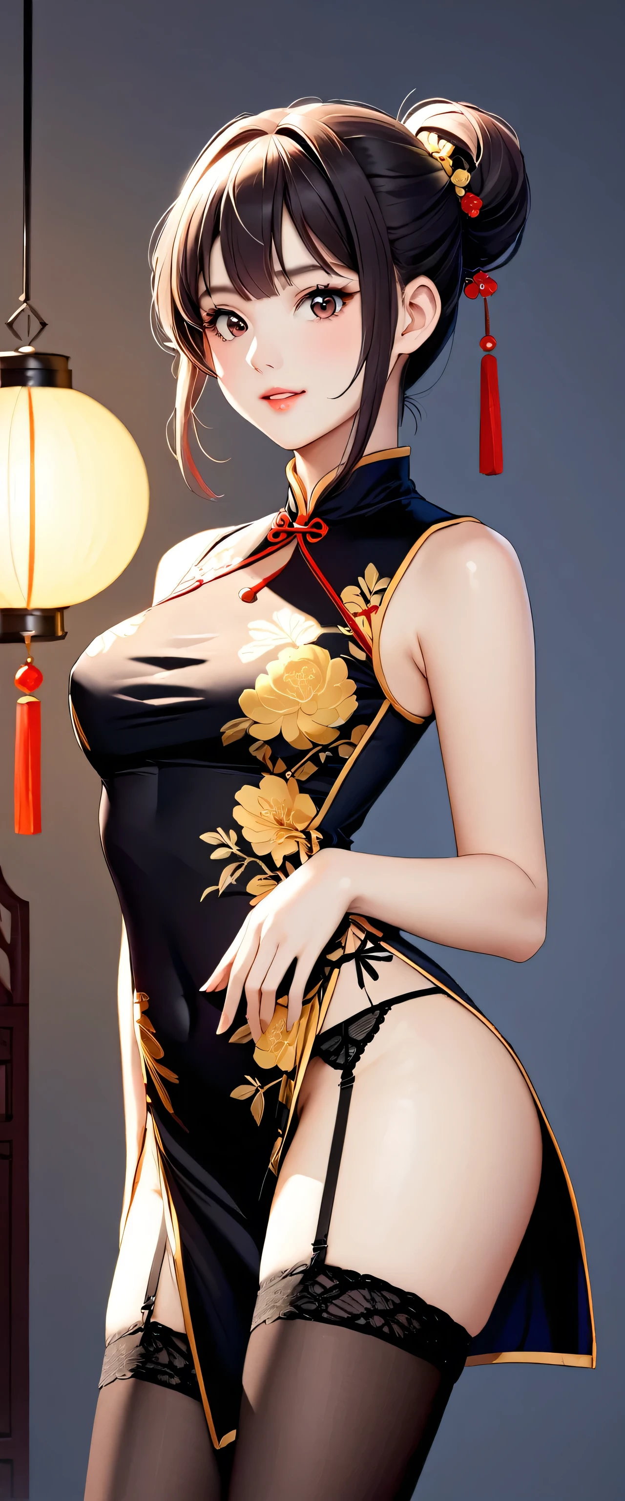 High resolution, adult woman , good lighting, despicable, , (No nudity), (((China dress))), (()), ((())), (garter belt), abdomen only, (), , cute face, I'm embarrassed and blush, humiliating, ((turn around and look back)), ((See-through))()(T-back)(a large amount of is on the body,)