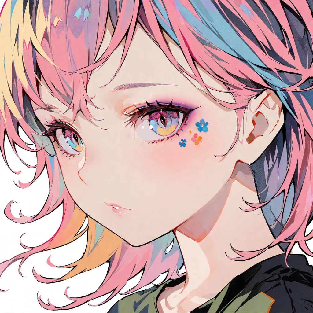 (masterpiece),(best quality:1.1),(Super detailed),Best Illustration,fine details,(portrait:1.1),(intense close-up),watercolor painting)floating,1 girl,alone,13 years old,Slim,(extremely delicate and beautiful face),(Detailed beautiful eyes),thick pink lips,(disheveled hair),(Wearing a black loose T-shirt),Soft and lazy,(Simple background:1.2)entire colorful background,Clear,4K