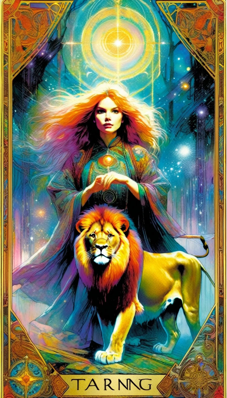 ((tarot card)) STHRENG ((card frame)),(girl and pet lion) artwork by Bill Sienkiewicz, vivid colors, intricate details, oil.