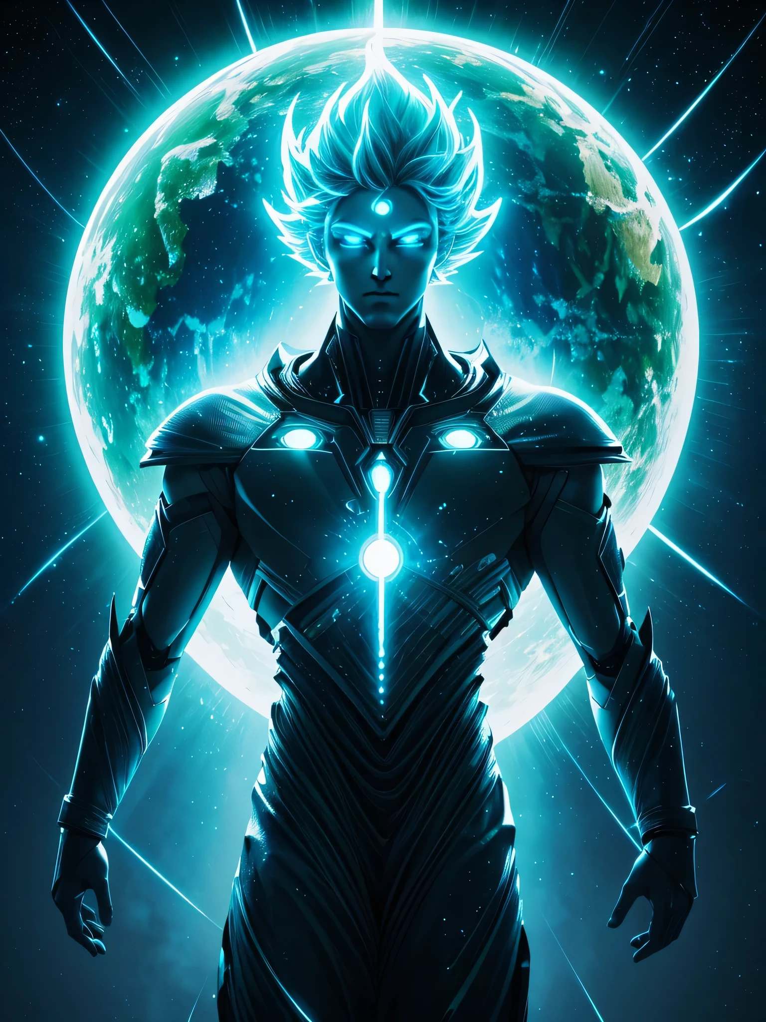 Masterpiece, Highest Quality, Ultra-Detailed, Hyper-Real, (goku), a Man,Perfect Face, cinematic lighthing, full body, (Realistic),
Prompt:  Celestial humanoid male with a glowing blue aura and glowing green eyes, robotic (face)standing against a black background with blue and green light shining from both hands in a full body shot. Created using Unreal Engine 4 with cinematic lighting.  
[1] 

, a stunning celestial humanoid male emits a radiant blue aura complemented by glowing green eyes, surrounded by ethereal blue and green light emanating from both hands in a captivating full body shot. The intricate details evoke a sense of divine energy, resonating with the Unreal Engine 4 and cinematic lighting.

,
An otherworldly environment envelops the celestial humanoid male, blending hues of blue and green with cosmic surroundings that enhance the mystical essence permeating from his form.
,
The scene exudes a tranquil yet awe-inspiring atmosphere, capturing the essence of a celestial being imbued with a sense of divine power and grace.
,
A breathtaking and luminous style reminiscent of a digital illustration, highlighting the celestial humanoid male’s intricate features with a celestial glow and vibrant colors.
,
Executed with impeccable attention to detail using advanced rendering techniques and lighting effects to showcase the celestial humanoid male's divine essence in an otherworldly setting.

Negative prompt: washed out colors, mundane appearance, ordinary human, lacking intricate details, uninspired lighting, generic composition, unimpressive background, simplistic design, standard character model, lackluster execution, unoriginal concept, flat perspective, dull features, ordinary atmosphere, plain style, predictable artwork, underwhelming visuals, lack of artistic flair, common imagery, unremarkable portrayal, basic rendering, lack of creativity, generic lighting, dull texture, unimaginative scene, average artistic interpretation, uninspiring depictio
