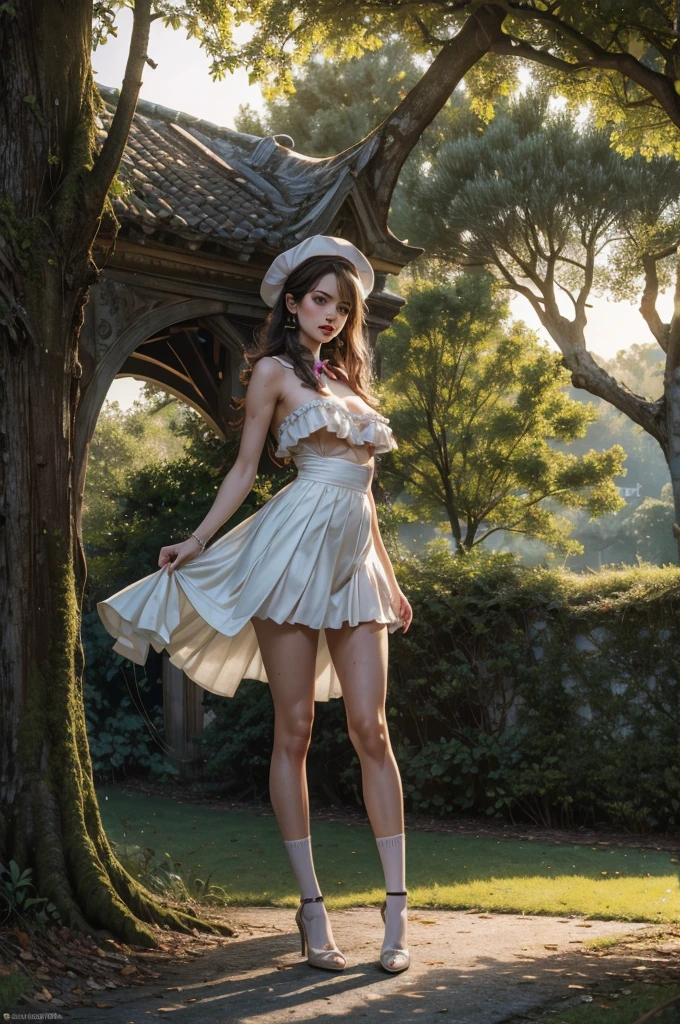 score_9, score_8_up, score_7_up, score_6_up, score_5_up, score_4_up, (8k, hd, best quality, highres), (extremely detailed), (ultra hyperrealistic photo: 1.2), photograph of a young lady from bourgeois society, (printed miniskirt and strapless ruffled top), (thin socks with ruffles up to the thighs), (side shot), (full body close-up: 1.2), long hair, beret with ribbons and bows, sculptural body, (slim: 1.3) , lascivious, open mouth, green eyes, (long elongated breasts, raised perky tits, swollen nipples), in a deep neckline, damp sweaty skin, with freckles and moles, wearing a scarf around her neck, in the gardens of an old bourgeois mansion, (leaning against the trunk of a leafy tree with long branches posing elegantly standing), arms above the head hands holding the hair high, (face to the side, eyes facing the camera), sunset, cinematic natural lighting, slightly blurred background