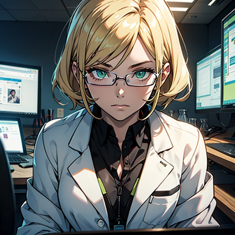 lab, young female, scientist, lab coat, blonde hair, call, futuristic, anime, ray tracing, ultra hd, masterpiece, high resolution, tech, single, glasses, green eyes, cleavage
