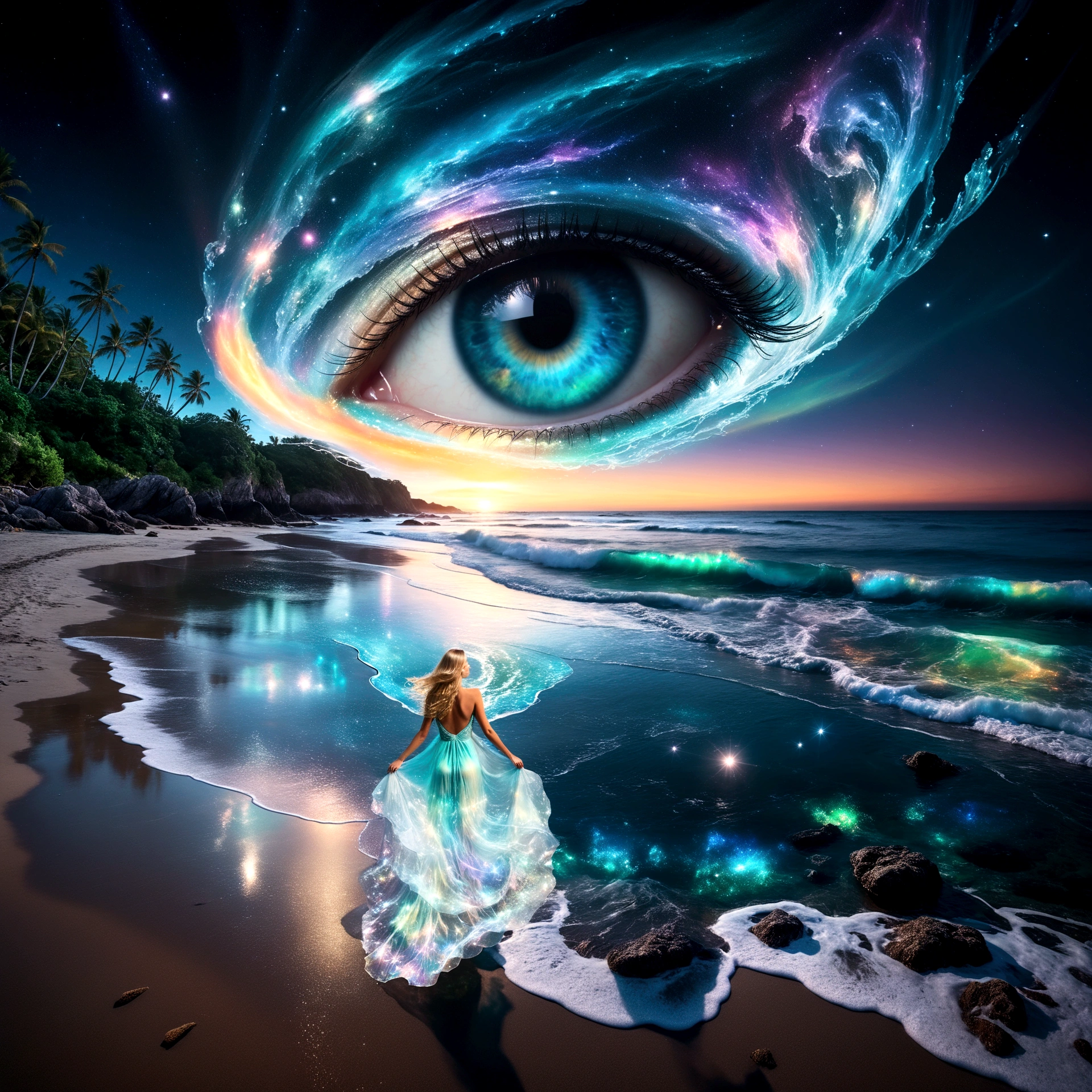 Pristine beach at night with a bioluminescent and crystalline sea, viewed from a high vantage point. Sky: Majestic swirling galaxy forming a giant, detailed eye with vibrant colors reflecting on the water below. Bioluminescent and crystal-clear, with small waves crashing onto the sandy beach. Vivid reflections of the cosmic eye and starry sky on the water's surface. Intricate details in the waves' glow. Blonde woman with long flowing hair, wearing a floating, transparent dress resembling swirling patterns of Aurora Borealis. She stands in contemplation.