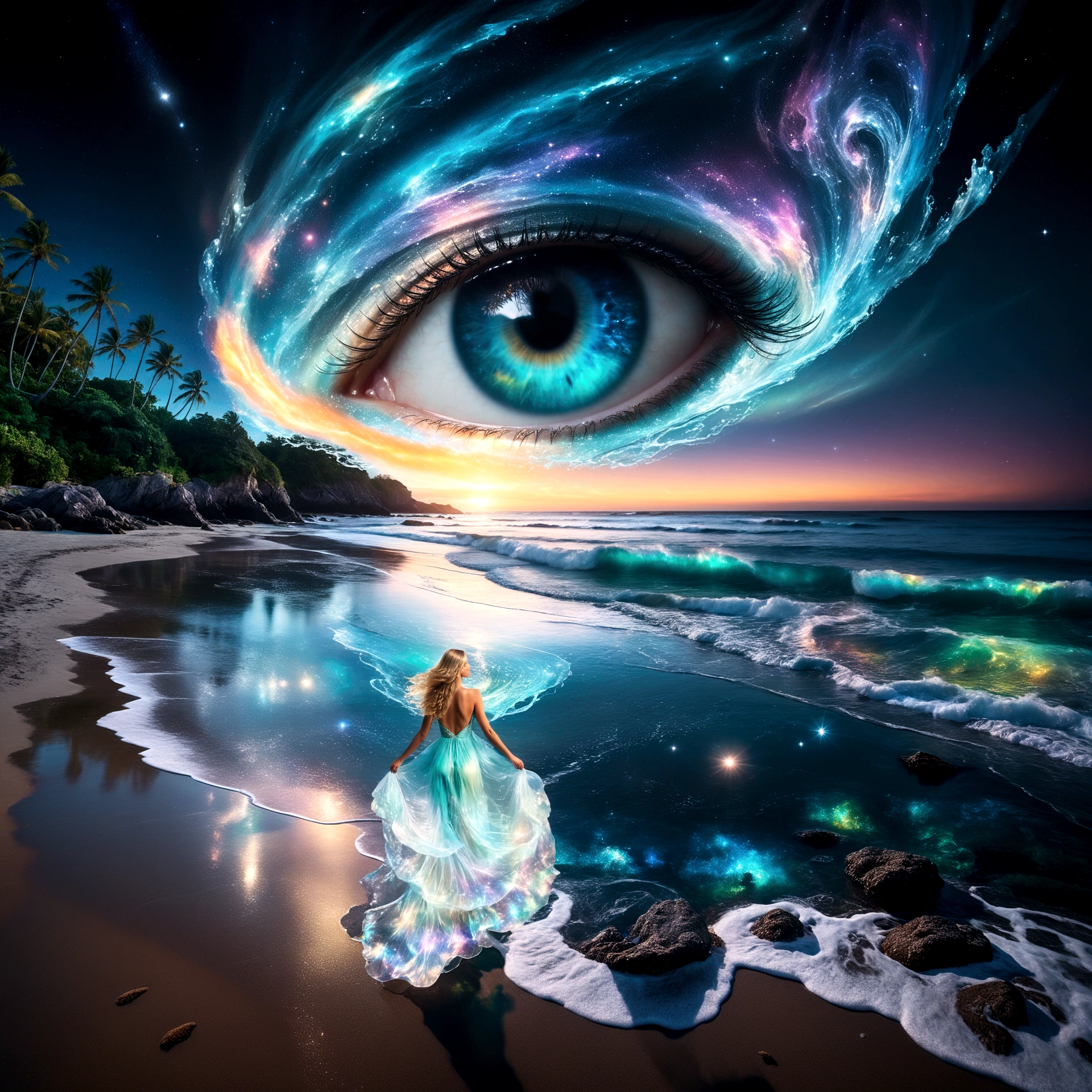 Pristine beach at night with a bioluminescent and crystalline sea, viewed from a high vantage point. Sky: Majestic swirling galaxy forming a giant, detailed eye with vibrant colors reflecting on the water below. Bioluminescent and crystal-clear, with small waves crashing onto the sandy beach. Vivid reflections of the cosmic eye and starry sky on the water's surface. Intricate details in the waves' glow. Blonde woman with long flowing hair, wearing a floating, transparent dress resembling swirling patterns of Aurora Borealis. She stands in contemplation.