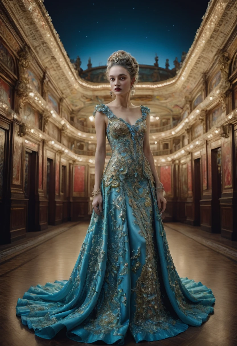 Evening Dress, theater, by Manuel Fernández García and Miles Aldridge, 35mm photograph, bokeh, best quality, masterpiece, very aesthetic, perfect composition, intricate details, ultra-detailed