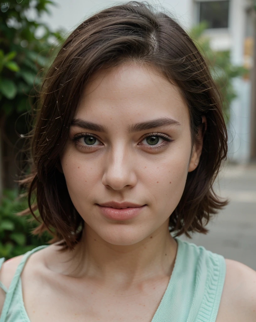 Cute beautiful sexy European light-green-eyed brunette, 22 years old,
Green Prostitute outfit, sexy expression
innocent face, face-length 1.3 times the face-width, almond-shaped eyes, squared face-shape, high cheekbones, naturally wavy hair, light-green eyes, high-res, masterpiece, best quality, intricate details, very detailed, sharp focus, detailed skin, realistic skin texture, texture, detailed eyes, professional, 4k, charming smile, shot with Canon, depth of field, Kodak Vision color, perfectly fitting body, extremely detailed, photo_\( ultra\), photorealistic, realistic, post processing, maximum details, roughness, real life, ultrarealistic, photorealism, photography, 8k UHD, photography