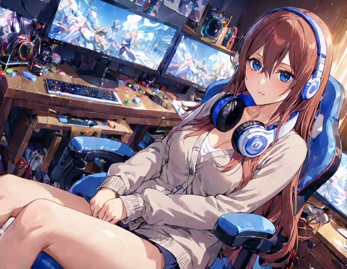 (A girl lounging in her bedroom), (a PC monitor turned on, a gaming chair), (a cluttered room), (fetal position), (perfect face), Sparkling, (masterpiece, best quality), (absurdres absolutely resolution), (8k), (detailed illustration), (super fine illustration), (professional lighting), (vivid color), detailed beatiful face, detailed beatiful eyes, detailed beatiful hair, perfect body, perfect hands, dynamic pose, dutch angle}, , looking at view, mikunakano, miku nakano, long hair, bangs, blue eyes, brown hair, shirt, hair between eyes, cardigan, headphones around neck, mature female, medium breasts