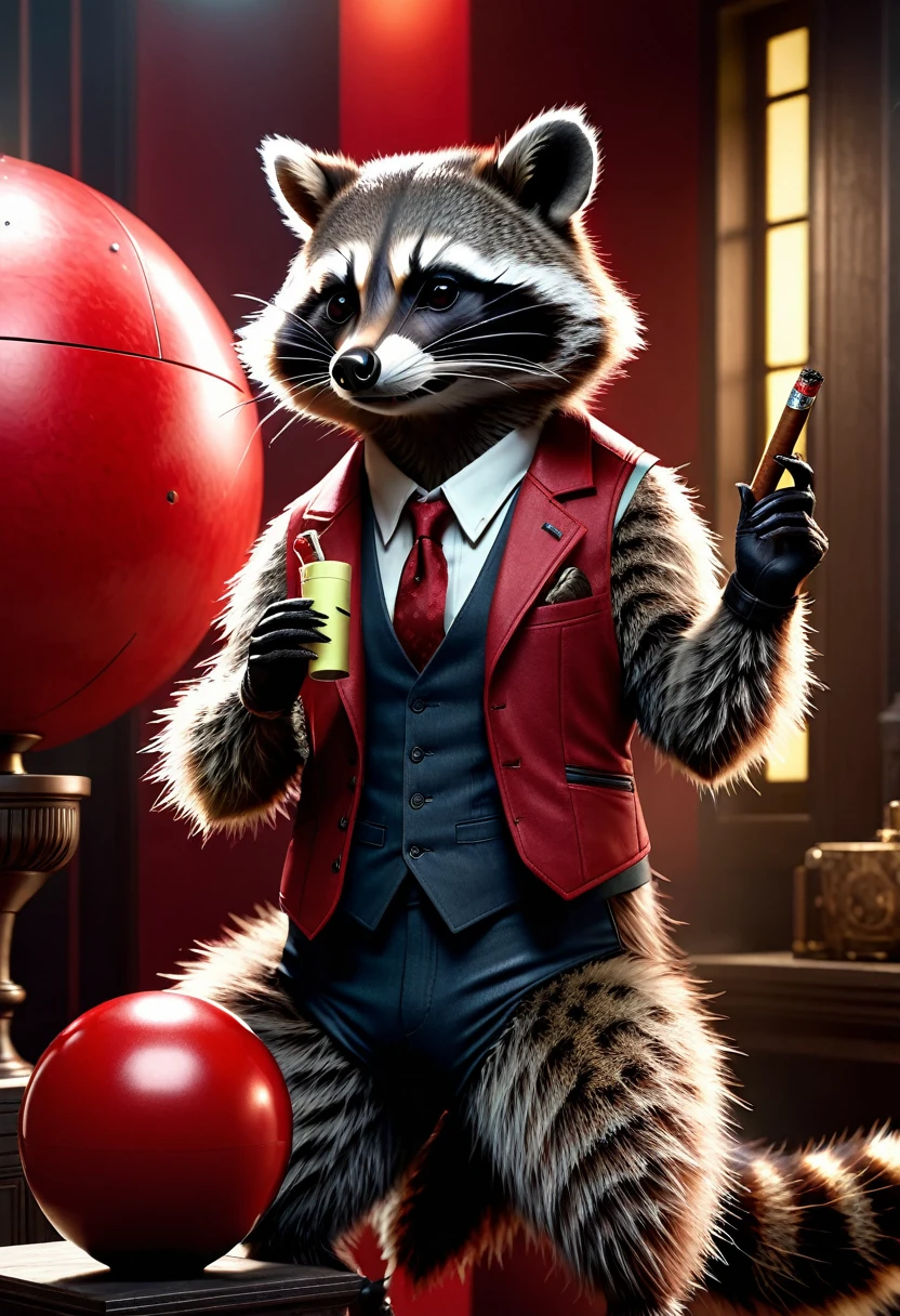 Raccoon with a cigar in his fingers that he is smoking, standing in front of him, leaning casually with his elbow on a large red ball that goes up to his waist, Resident Evil background, detailed realistic raccoon, detailed photorealistic raccoon, very detailed, 8k, hyperrealistic, cinematic lighting, dramatic lighting, mood lighting, dark moody atmosphere, warm colors, vivid colors, intricate details, award-winning photography, stunning visual effects