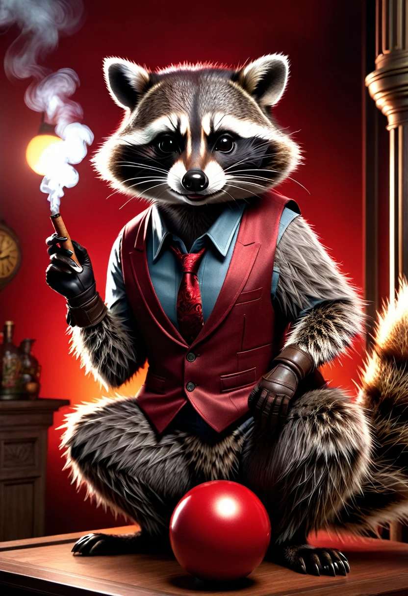 Raccoon with a cigar in his fingers that he is smoking, standing in front of him, leaning casually with his elbow on a large red ball that goes up to his waist, Resident Evil background, detailed realistic raccoon, detailed photorealistic raccoon, very detailed, 8k, hyperrealistic, cinematic lighting, dramatic lighting, mood lighting, dark moody atmosphere, warm colors, vivid colors, intricate details, award-winning photography, stunning visual effects