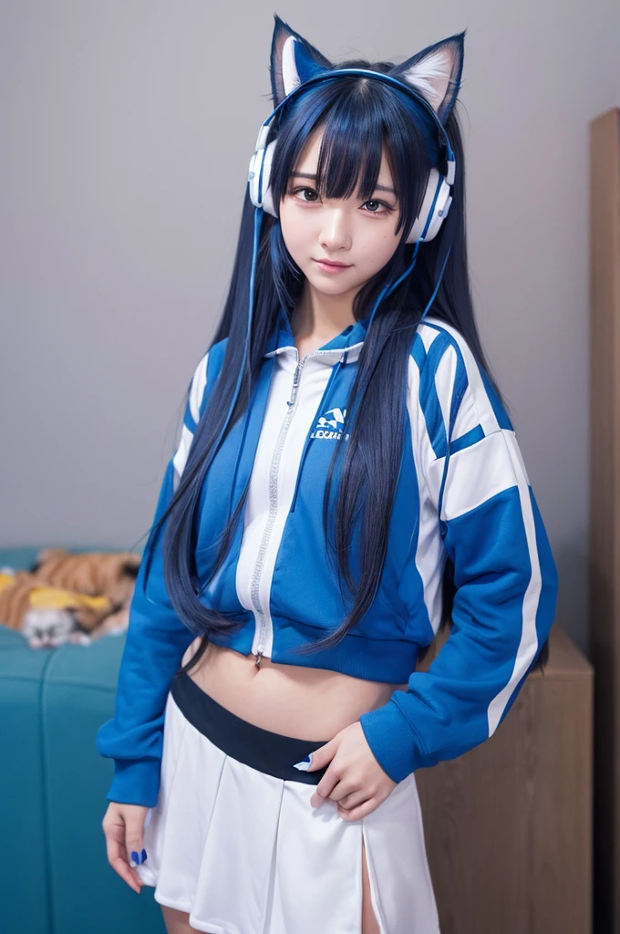 A cute girl with long straight blue hair with bangs, wearing a tracksuit with a skirt underneath, cat ears and headphones, who seems to like video games. Draw her whole body so that you can see it.