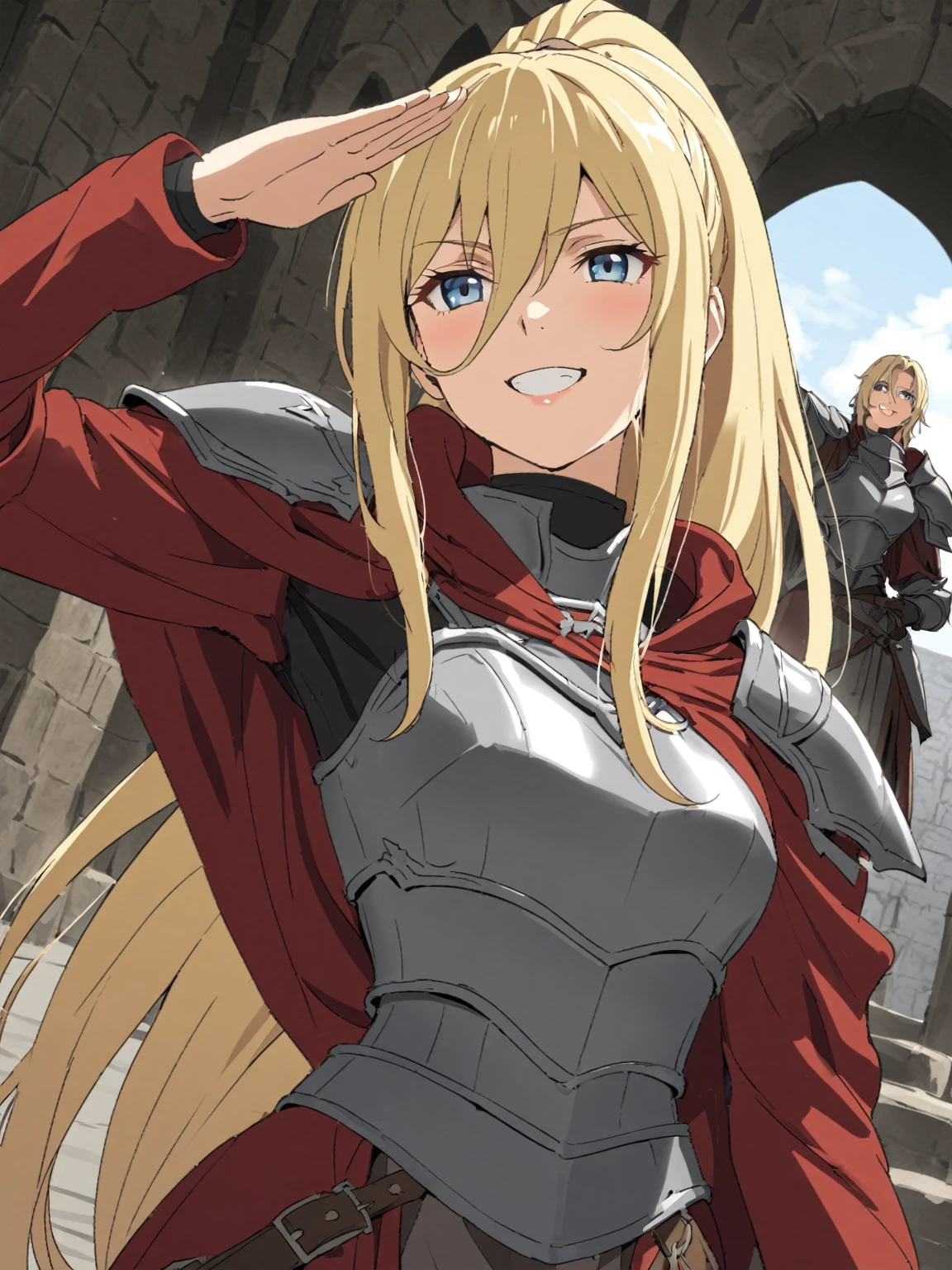 {{upper body, dutch angle}} {{Artist: sincos}} 1girl, blond hair, hair between eyes, light blue eyes, long bangs, long hair, medium breasts, grin, black glasses, iron armor, full armor, shoulder armor, red shoulder cape, red overcoat, ponytail, grey chestplate, long sleeves, salute, mature woman, tall woman, lips, pov, medieval fantasy.