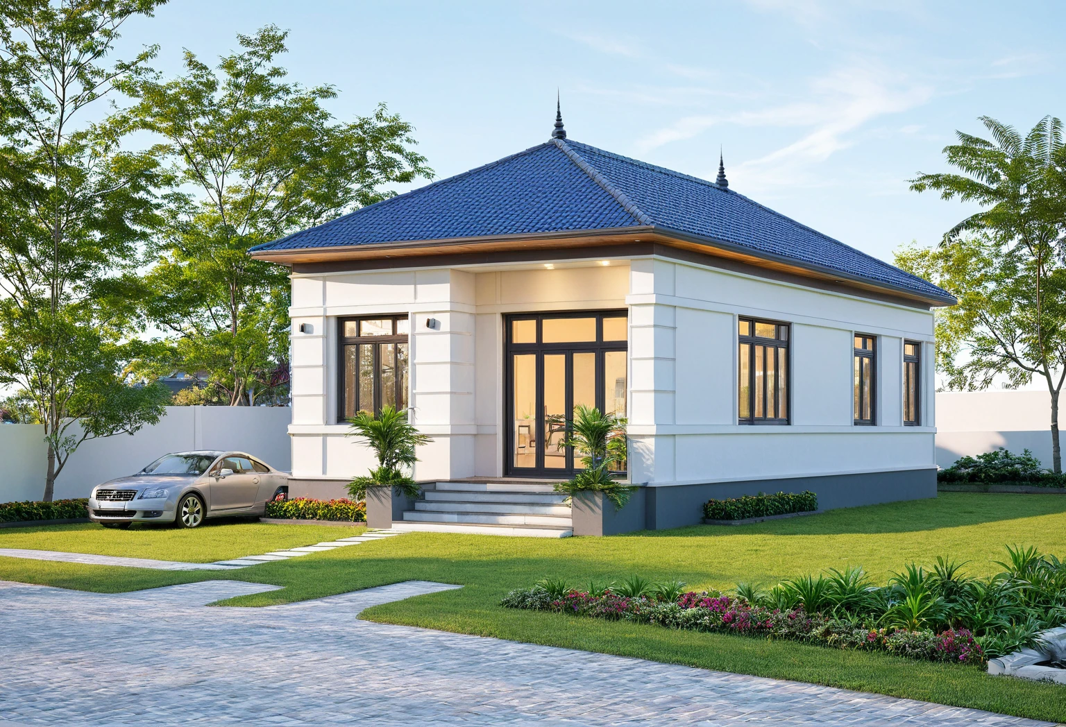 Raw photo,Masterpiece, high quality, best quality, authentic, super detail,
exterior, outdoors, house, Nhamainhat, aiaigroup on the tropical garden, minimalist line,onestoreyvilla, modern style, gray tile roof
brick yard,grass,tropical trees, sky, (day:1.1),Tropical garden background
